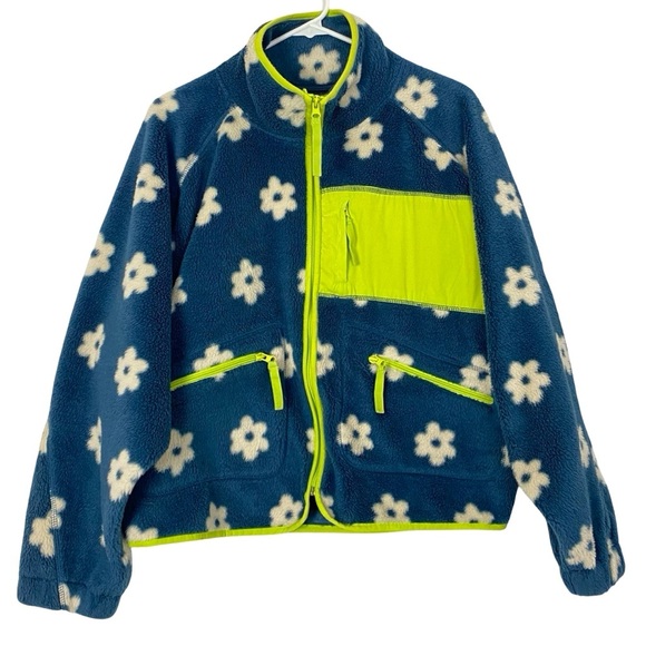Urban Outfitters Jackets & Blazers - Urban Outfitters Stormi Fleece Jacket Womens Size Large UO Blue Floral Neon Zip